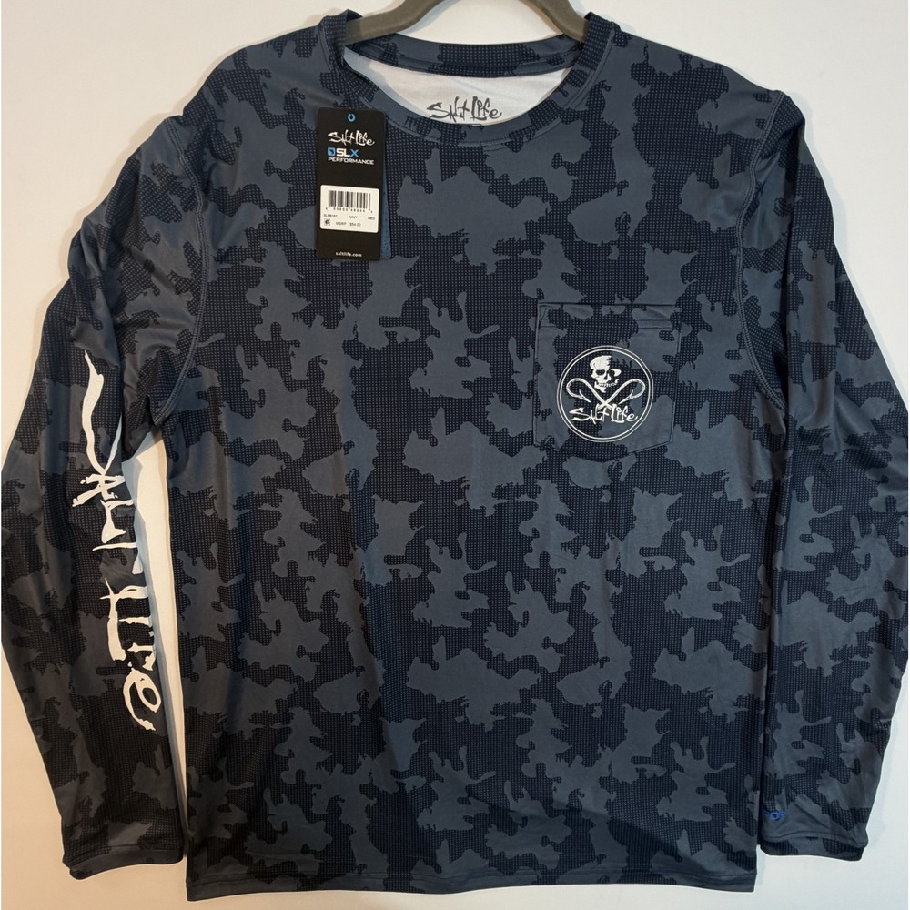 Salt Life SLX Performance Shirt Mens Medium Navy Camo NWT Long Sleeve Fishing